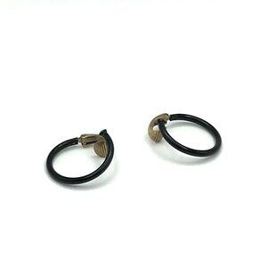 Vintage Black Enamel Gold Tone Clip-On Hoop Earrings
